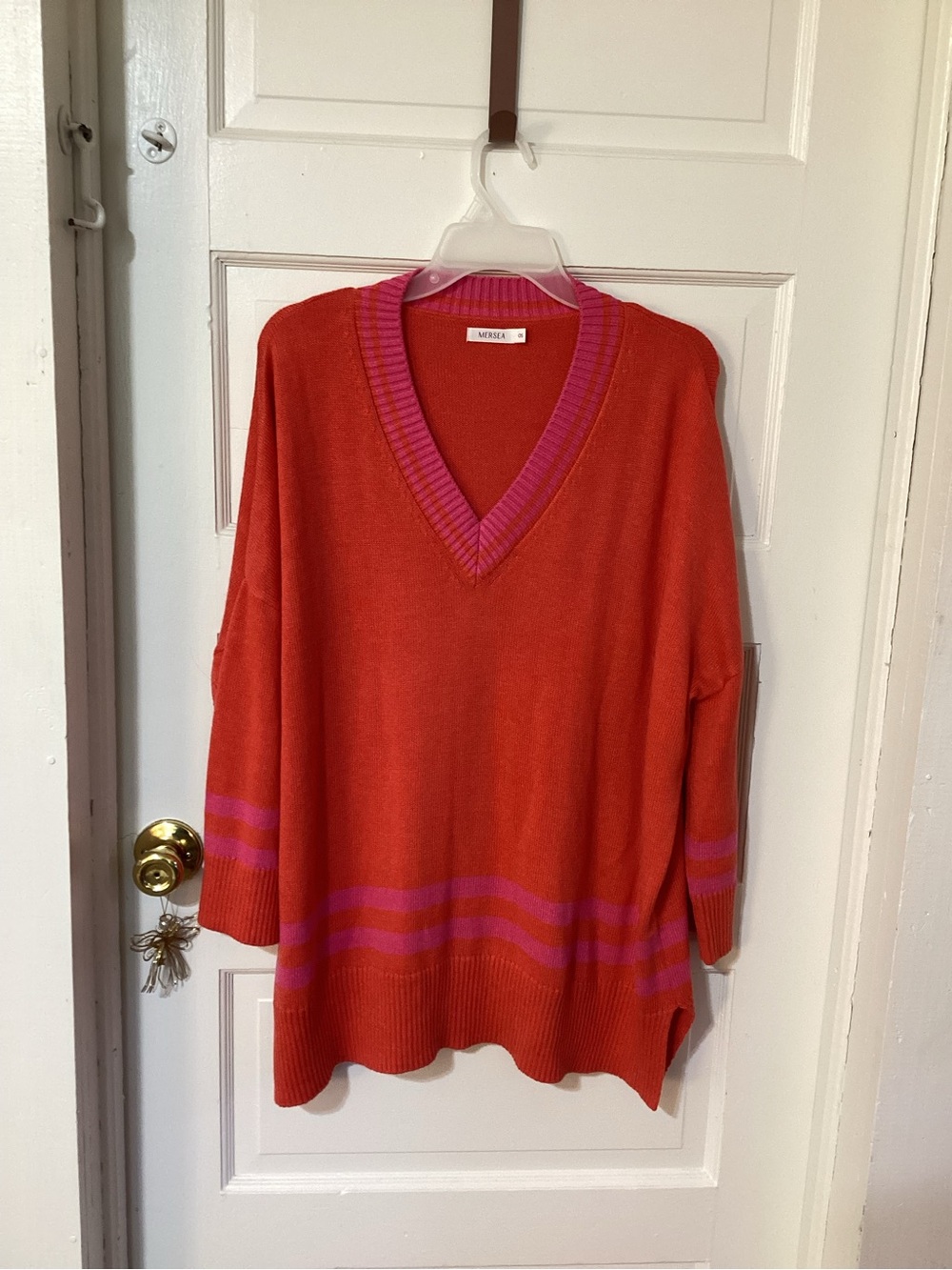 Mersea Red V-Neck Sweater with Pink Stripe Detail